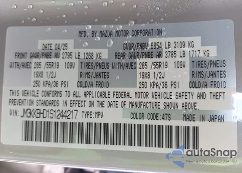 2025 Mazda Cx-90 3.3 Turbo Preferred Package from USA, damaged, VIN JM3KKBHD1S1244217